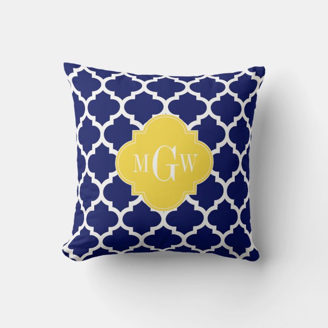 Navy Wht Moroccan #5 Pineapple 3 Initial Monogram Throw Pillow (Front)