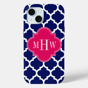 Navy Wht Moroccan #5 Raspberry 3 Initial Monogram iPhone 15 Case