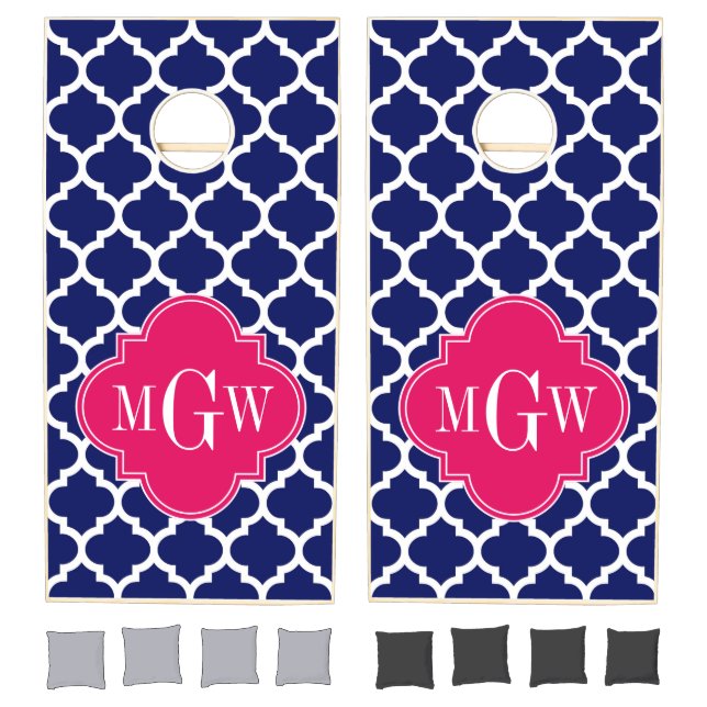 Navy Wht Moroccan #5 Raspberry 3 Initial Monogram Cornhole Set (Set)