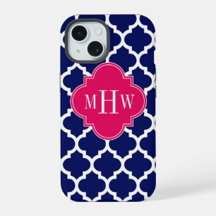 Navy Wht Moroccan #5 Raspberry 3 Initial Monogram iPhone 15 Case
