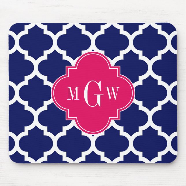 Navy Wht Moroccan #5 Raspberry 3 Initial Monogram Mouse Pad (Front)