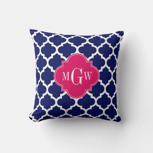 Navy Wht Moroccan 5 Raspberry 3 Initial Monogram Throw Pillow