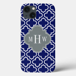 Navy Wht Moroccan #6 Charcoal 3 Initial Monogram iPhone 13 Case