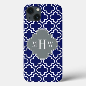 Navy Wht Moroccan #6 Charcoal 3 Initial Monogram Iphone 13 Case by FantabulousCases at Zazzle