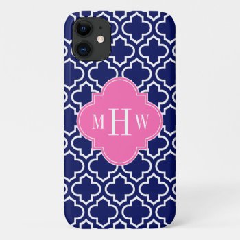 Navy Wht Moroccan #6 Hot Pink 3 Initial Monogram Iphone 11 Case by FantabulousCases at Zazzle