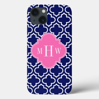Navy Wht Moroccan #6 Hot Pink 3 Initial Monogram Iphone 13 Case by FantabulousCases at Zazzle