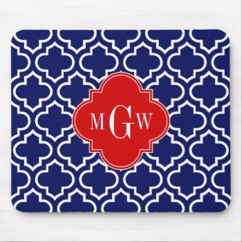 Navy Wht Moroccan #6 Red 3 Initial Monogram Mouse Pad by FantabulousCases at Zazzle