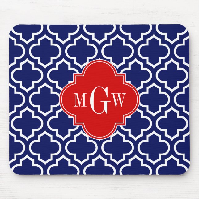 Navy Wht Moroccan #6 Red 3 Initial Monogram Mouse Pad (Front)