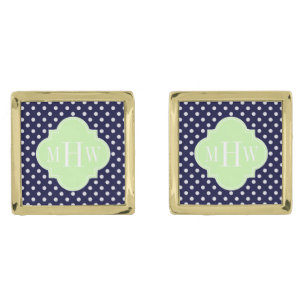 Navy Wht Polka Dot Celery Quatrefoil 3 Monogram Cufflinks