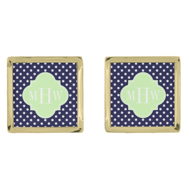 Navy Wht Polka Dot Celery Quatrefoil 3 Monogram Cufflinks (Front)