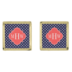 Navy Wht Polka Dot Coral Red Quatrefoil 3 Monogram Gold Cufflinks