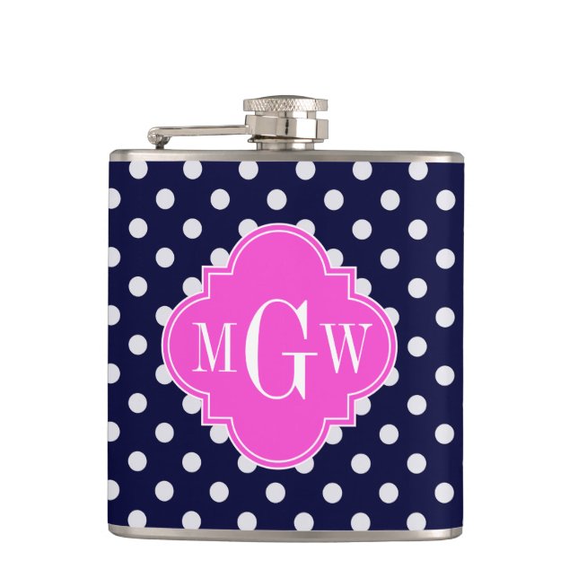 Navy Wht Polka Dot Hot Pink Quatrefoil 3 Monogram Flask (Front)