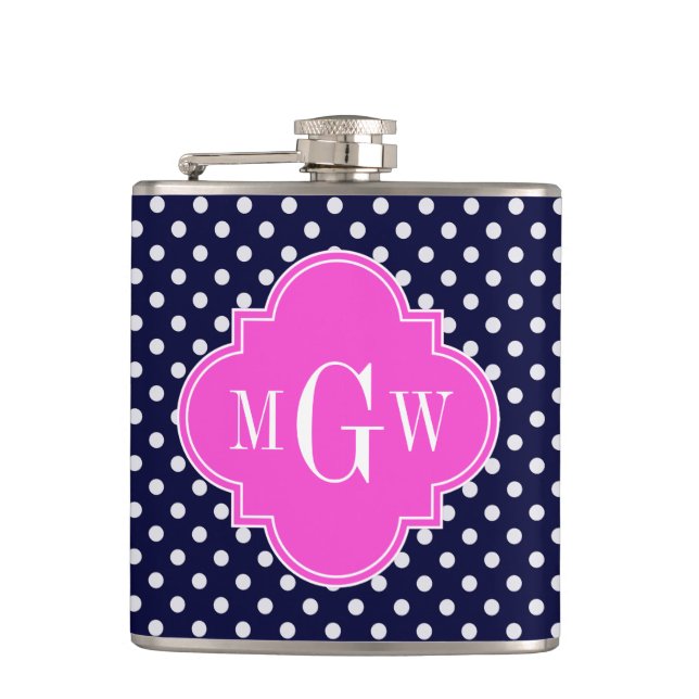 Navy Wht Polka Dot Hot Pink Quatrefoil 3 Monogram Hip Flask (Front)