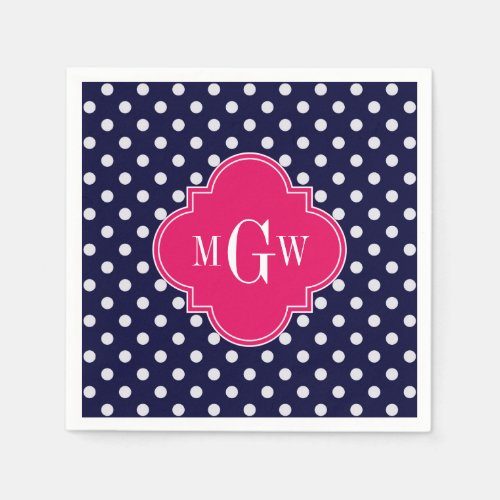 Navy Wht Polka Dot Raspberry Quatrefoil 3 Monogram Paper Napkins