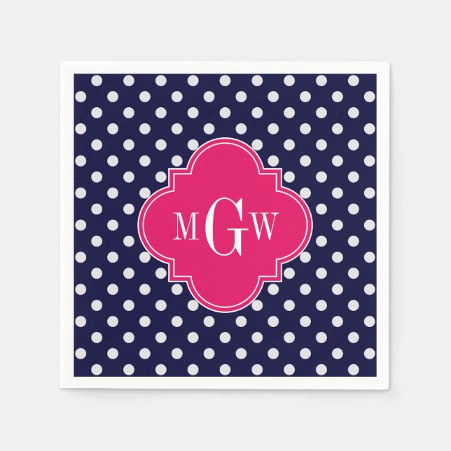 Navy Wht Polka Dot Raspberry Quatrefoil 3 Monogram Paper Napkins (Front)