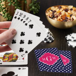 Navy Wht Polka Dot Raspberry Quatrefoil 3 Monogram Poker Cards