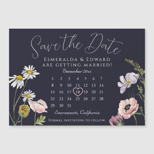 Navy Wild Flower Wedding Calendar Save The Date