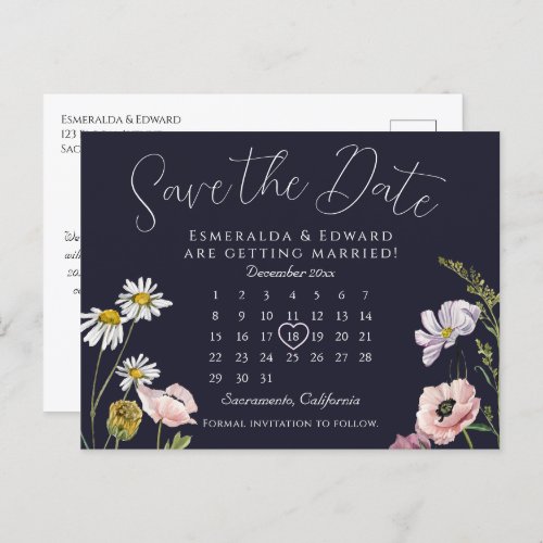  Navy Wild Flower Wedding Calendar Save The Date Announcement Postcard