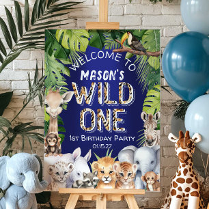 Navy Wild One Jungle Safari 1st Birthday Welcome Foam Board