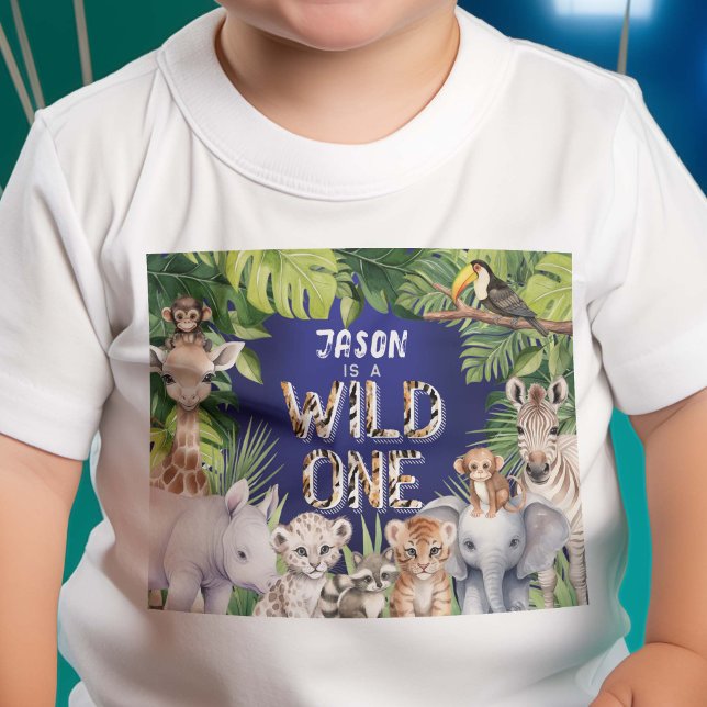 Navy Wild one, Jungle Safari Animals, Baby boy 1st T-Shirt (Wild One, Navy Blue, Boy 1st birthday T-shirt)