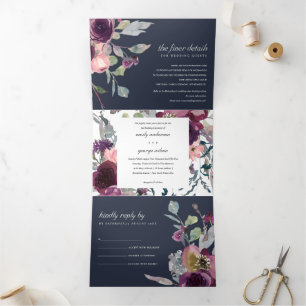 NAVY WILD PURPLE LILAC FLORAL WATERCOLOR WEDDING Tri-Fold INVITATION