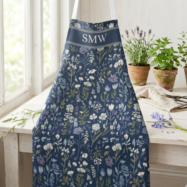 Navy Wildflower Botanical Garden Birthday Apron (Navy botanical wildflower apron — a charming birthday gift idea for the home cook or gardener)