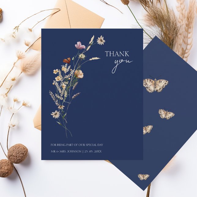 Navy Wildflower Fall Wedding Thank You Card (Creator Uploaded)