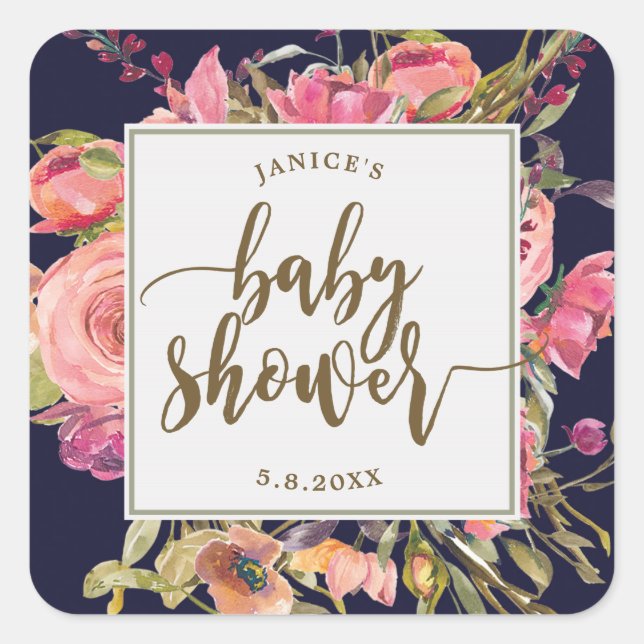 navy wildflower floral baby shower sticker favors (Front)
