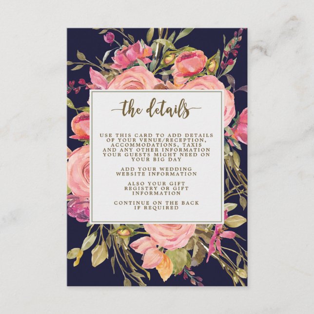 navy wildflower floral wedding information card (Front)