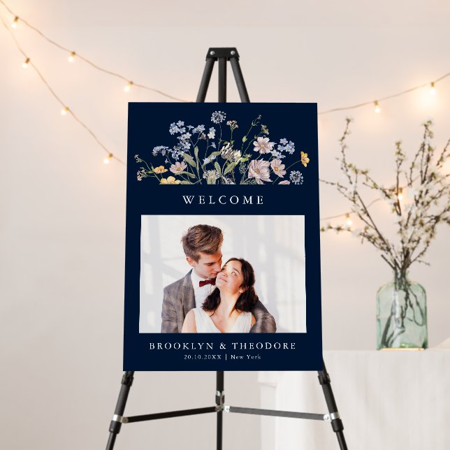 Navy Wildflower Garden Photo Wedding Welcome  Foam Board (In Situ (Stand))