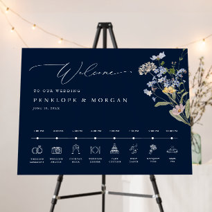 Navy Wildflower Garden Wedding Welcome Timeline Foam Board