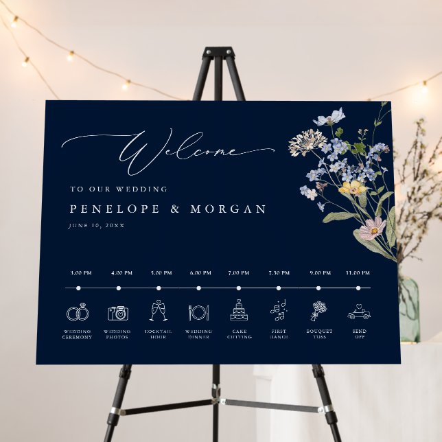Navy Wildflower Garden Wedding Welcome Timeline Foam Board (In Situ (Stand))