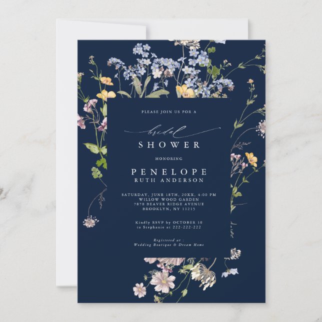Navy Wildflower Meadow Garden Bridal Shower Invitation (Front)