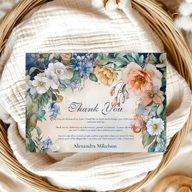 Navy Wildflower Meadow Garden Graduation  Thank You Card (Creator Uploaded)