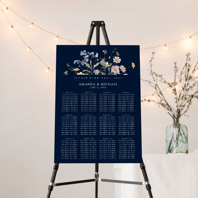 Navy Wildflower Meadow  Wedding Seating chart Foam Board (In Situ (Stand))
