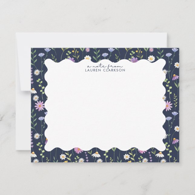Navy Wildflower Wavy Frame Note Card (Front)