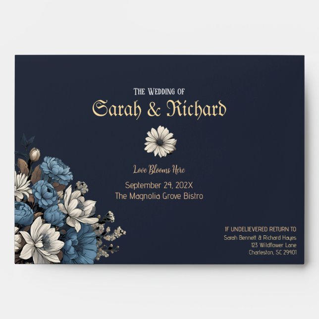 Navy Wildflower Wedding | Elegant Floral Wedding Envelope (Front)