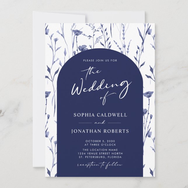 Navy Wildflowers Trendy Arch Calligraphy Wedding Invitation (Front)