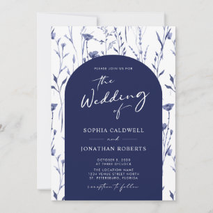 Navy Wildflowers Trendy Arch Calligraphy Wedding Invitation