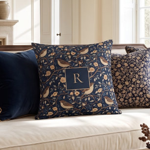 Navy William Morris Vintage Bird Floral Monogram Throw Pillow