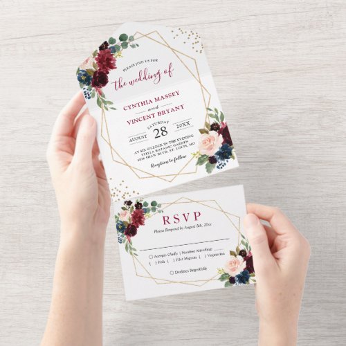 Navy Wine Red Floral Geo Wedding no ENV needed All In One Invitation