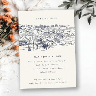 Navy Winery Mountain Sketch Baby Shower Invite