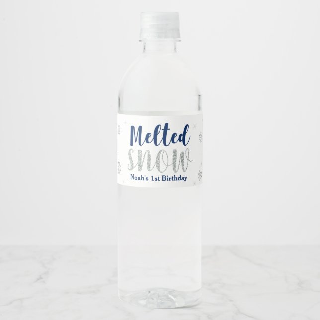 Navy Winter Birthday Party Water Bottle Label (Front)