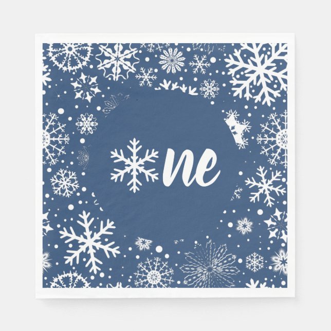 Navy Winter First Birthday Snowflake One Napkins (Front)