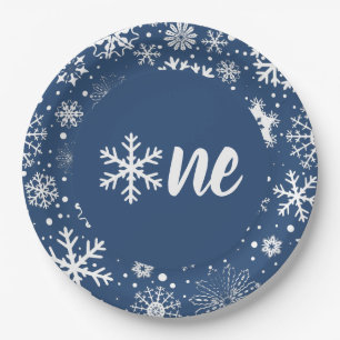 Navy Winter First Birthday Snowflake One Plates