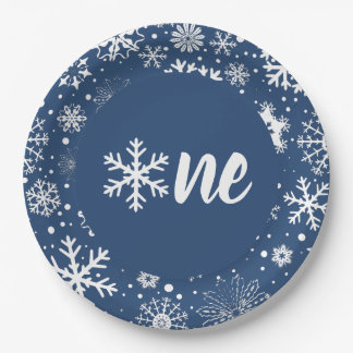 Navy Winter First Birthday Snowflake One Plates