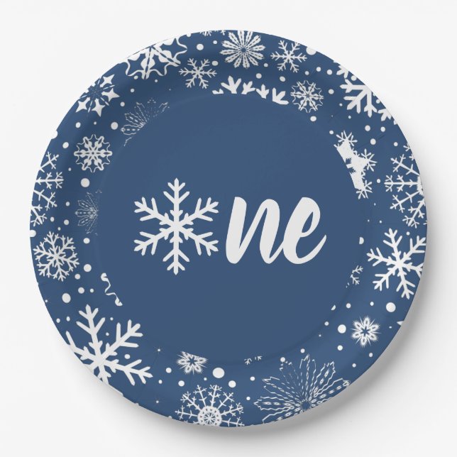 Navy Winter First Birthday Snowflake One Plates (Front)