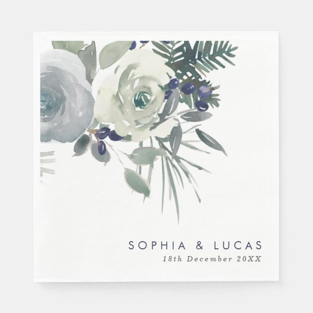 Navy Winter Floral Wedding Napkins (Front)