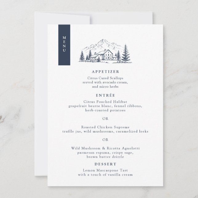Navy Winter Mountain Wedding Menu Card (Front)