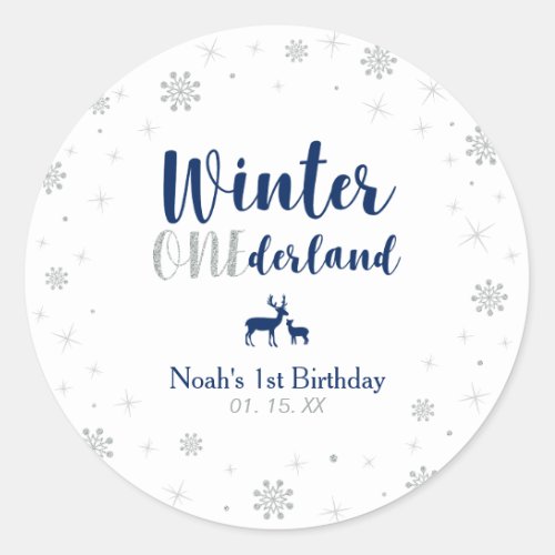 Navy Winter Onderland 1st Birthday Party Favor Classic Round Sticker